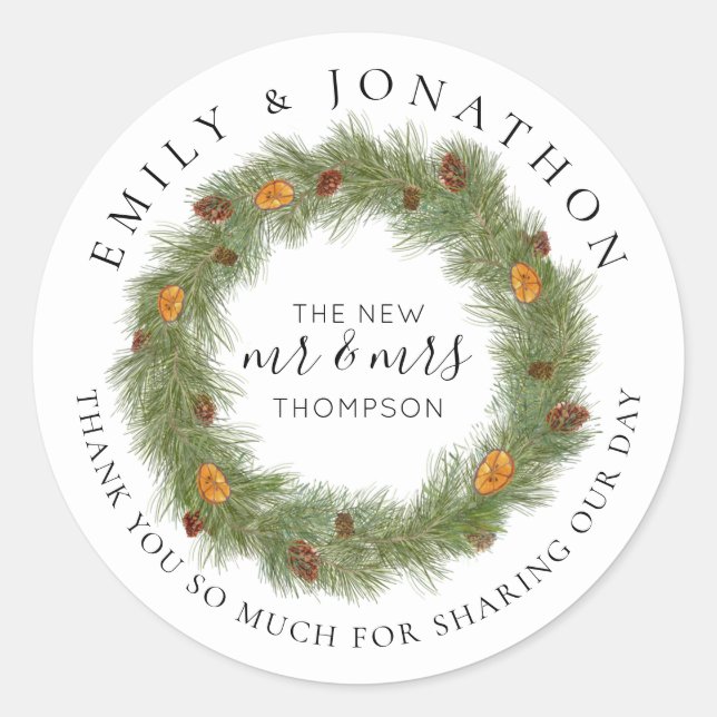 Pines Citrus Names Christmas Wedding Thank You Classic Round Sticker (Front)