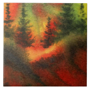 Pines on a hill with intense misty sunset colours tile
