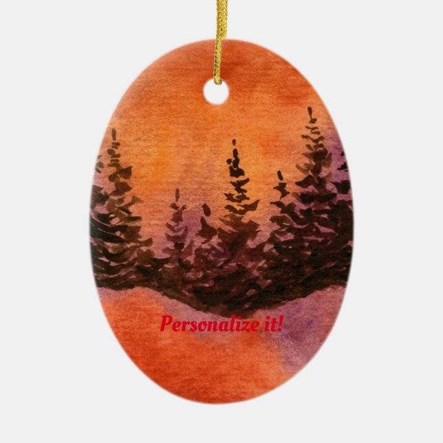 Pines on a hill with soft red sunset ceramic tree decoration (Front)