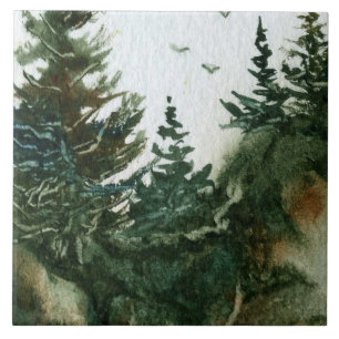 Pines on rocks with birds in flight country tile