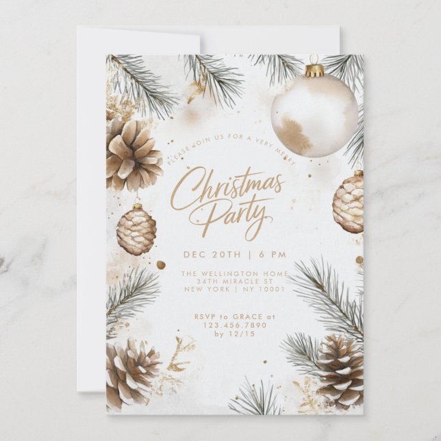 Pines Pinecones Ornaments Modern Boho Christmas Invitation (Front)