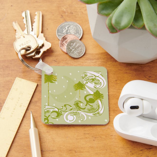 Pines with Moon-Customise Change BackGround Colour Key Ring (Desk)