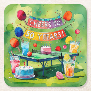 Ping Pong 50th Birthday Square Paper Coaster