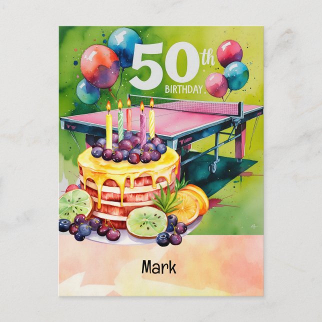 Ping Pong 50th Birthday with Cake Postcard (Front)