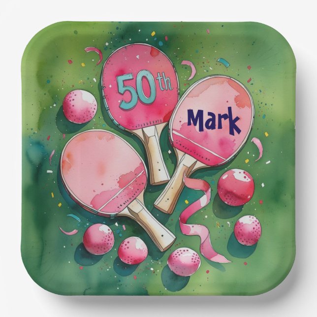  Ping pong 50th Birthday with number 50 Paper Plate (Front)