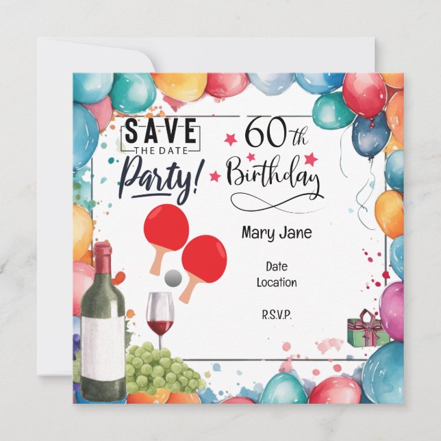 Ping pong 60th Birthday with paddle and Beer Save The Date (Front)