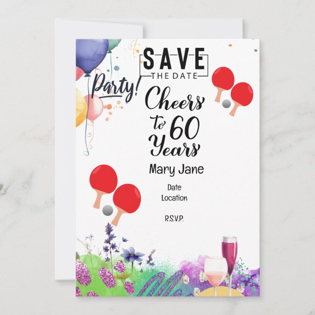 Ping pong 60th Birthday with paddle and flower Invitation (Front)