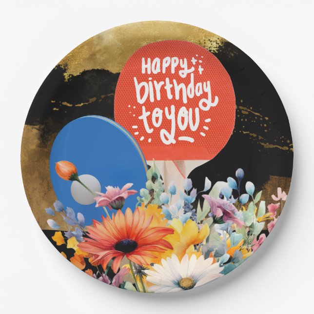 Ping pong  Birthday with paddle and flower Paper Plate (Front)