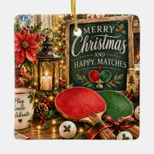 Ping Pong Paddle and ball with Christmas themed Ceramic Ornament