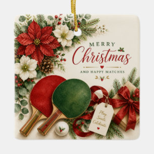 Ping Pong Paddle and ball with Christmas themed Ceramic Ornament