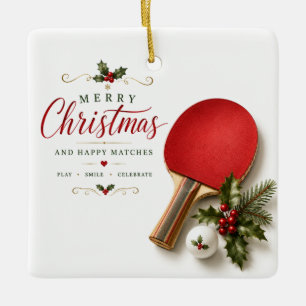 Ping Pong Paddle and ball with Christmas themed Ceramic Ornament