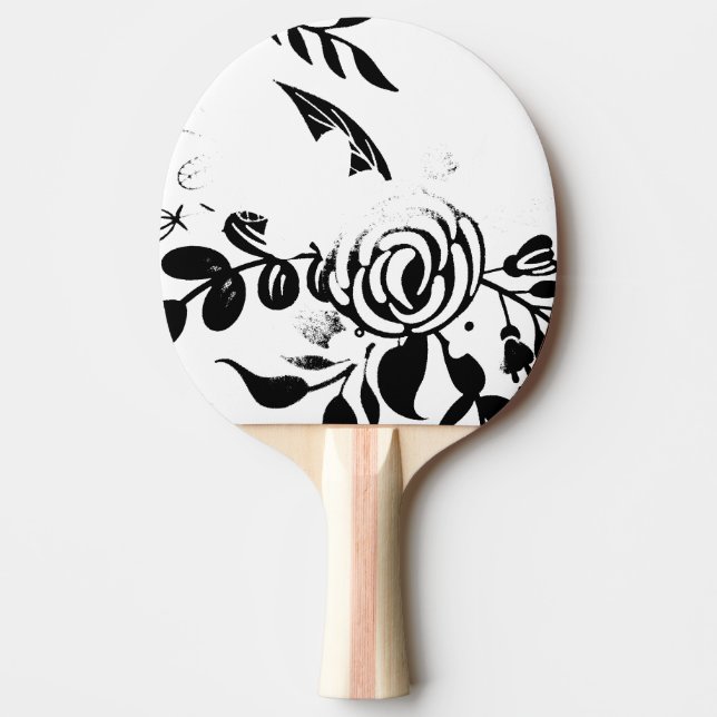 Ping Pong Paddle Black & White Faded Floral (Front)