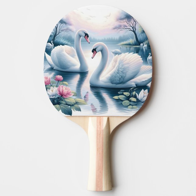 Ping Pong Paddle  - Swans in a Tranquil Lily Pond (Front)