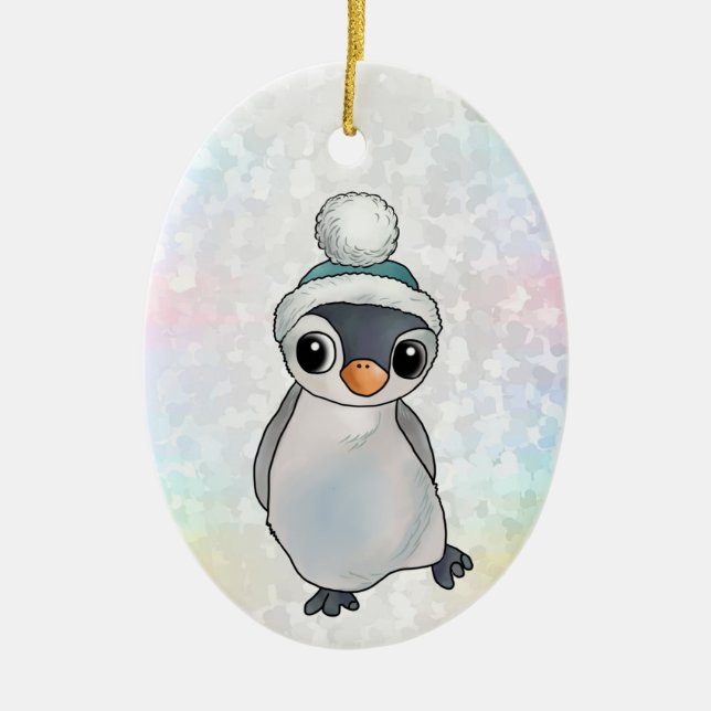 Pinguin mit Mütze Ceramic Tree Decoration (Front)