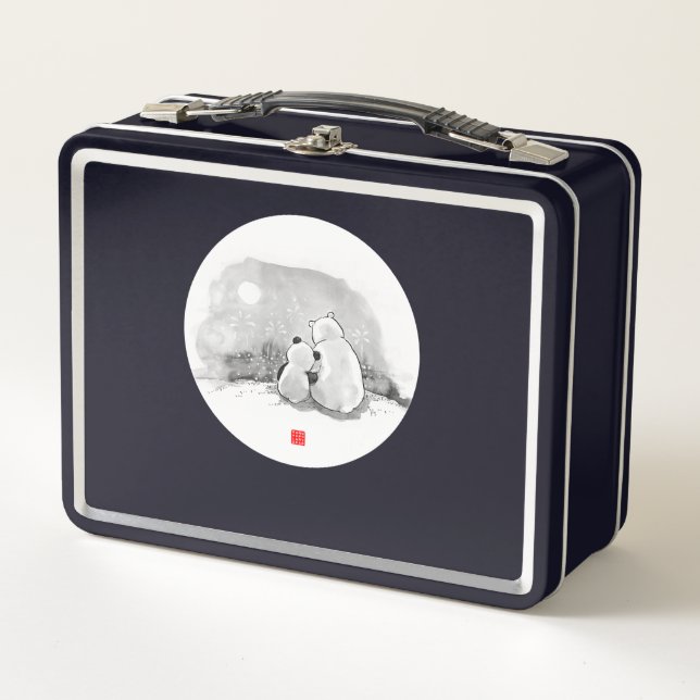 Pinic Trip Cute Baby And Mama Polar Bear Metal Lunch Box (Front)