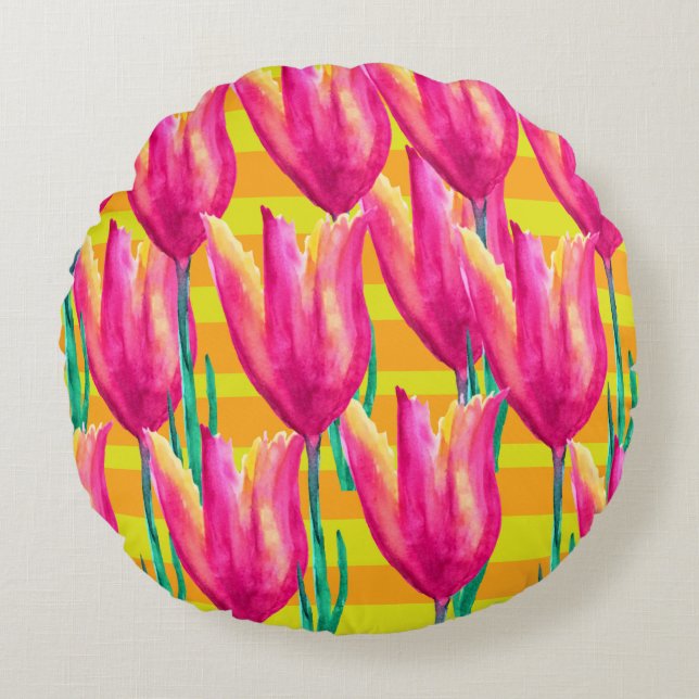 Pinik Tulips pattern  Round cushion (Front)