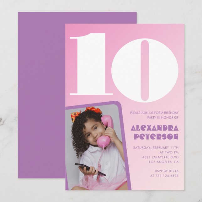 Pink 10th birthday invitations Purple Retro Photo (Front/Back)