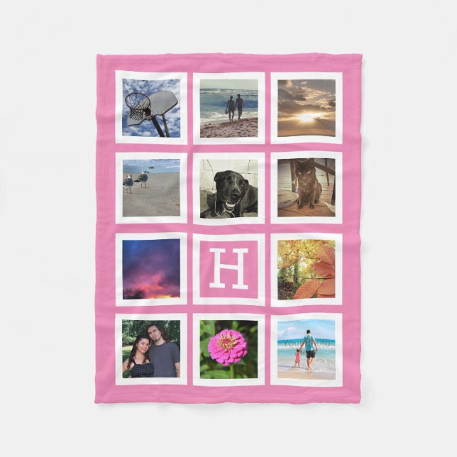 Pink 11 Photo Collage Mosaic Square Frame Monogram Fleece Blanket (Front)