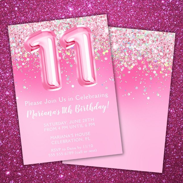 Pink 11th Birthday Invitation Girly Pink Glitter (Creator Uploaded)