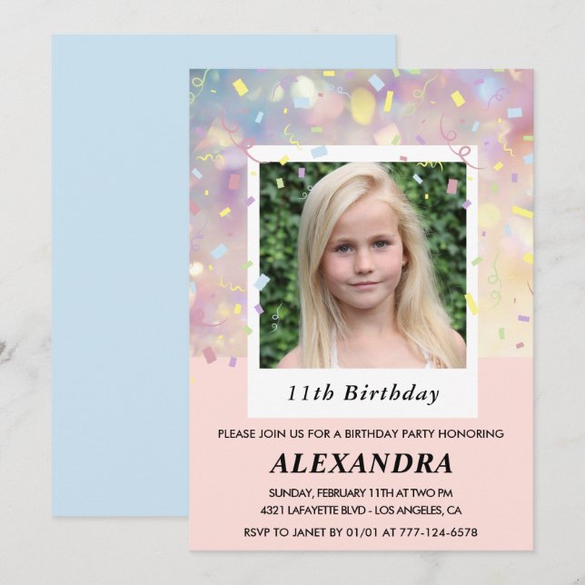 Pink 11th birthday invitations Confetti Photo  (Front/Back)