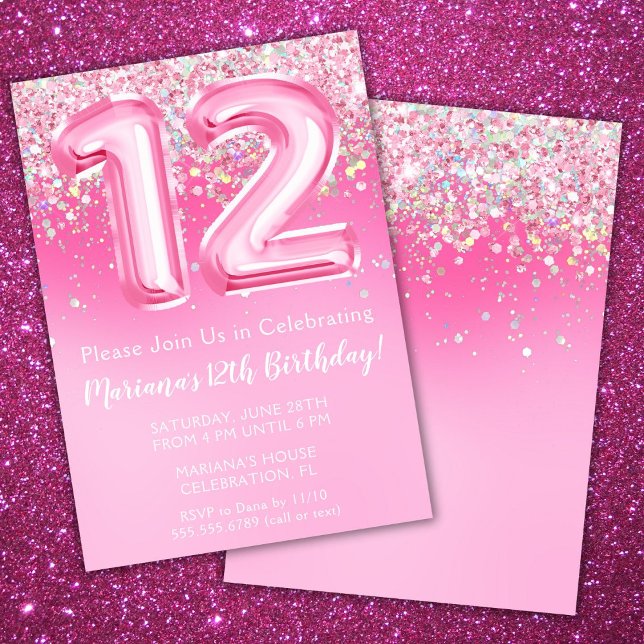 Pink 12th Birthday Invitation Girly Pink Glitter (Creator Uploaded)