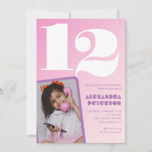 Pink 12th birthday invitations Girl Retro Photo