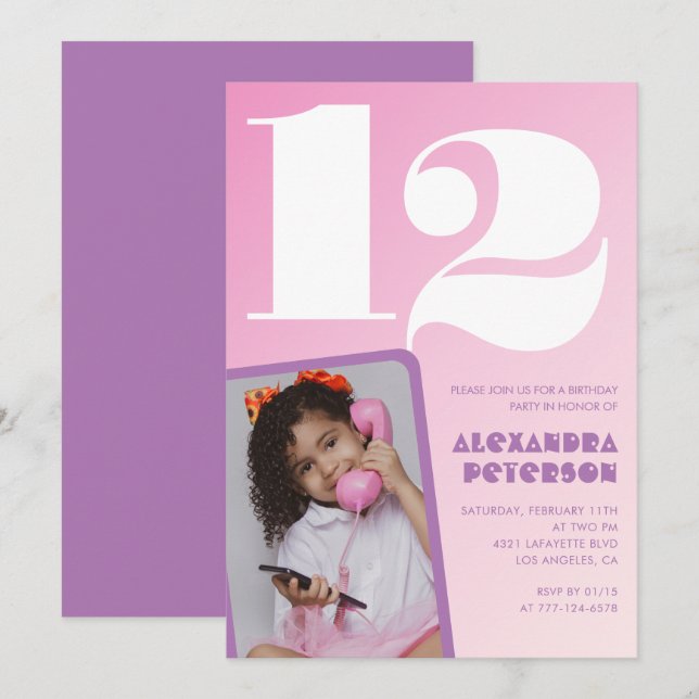Pink 12th birthday invitations Girl Retro Photo (Front/Back)