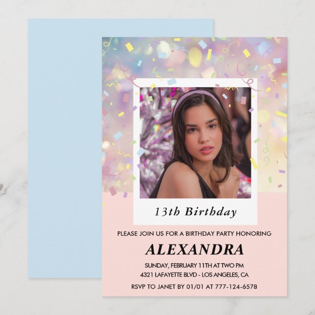 Pink 13th birthday invitations Confetti Photo  (Front/Back)