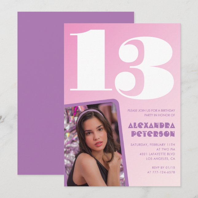 Pink 13th birthday invitations Girl Retro Photo (Front/Back)