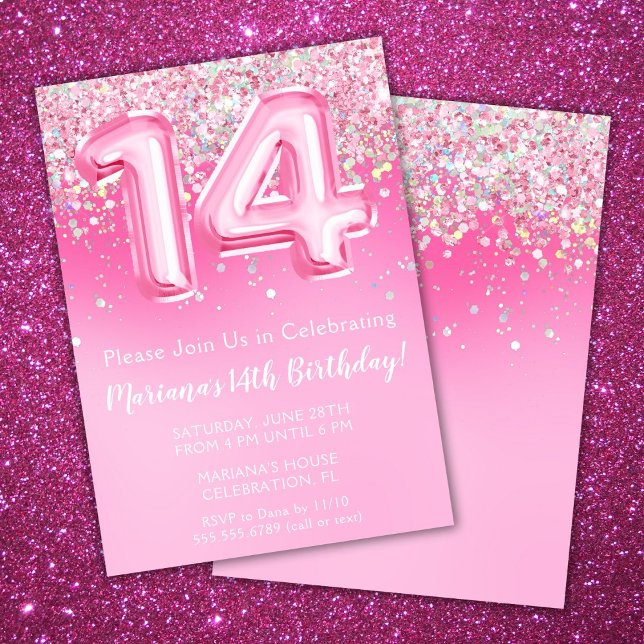 Pink 14th Birthday Invitation Girly Pink Glitter (Creator Uploaded)