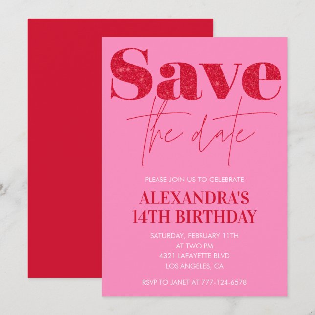 Pink 14th birthday invitations Save the date Chic (Front/Back)