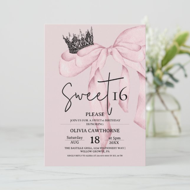  Pink 16th Birthday ⎮Modern Bow Sweet 16 Invitation (Standing Front)