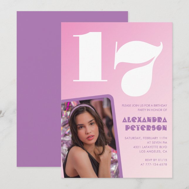Pink 17th birthday invitations Retro Photo (Front/Back)