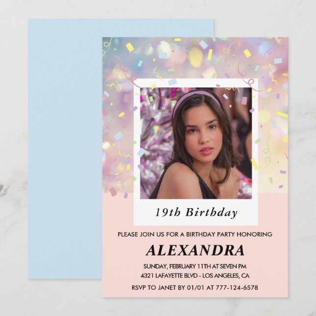 Pink 19th birthday invitations Confetti Photo  (Front/Back)