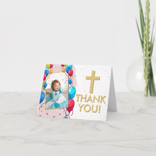 Pink 1st Birthday Baptism Gold Text Photo for Girl Thank You Card (Front)