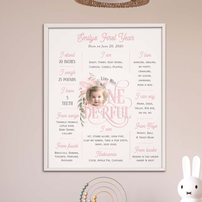 Pink 1st Birthday Elegant Onederful photo mileston (Little Miss Onederful, Baby Girl 1st Birthday MIlestone poster. Birthday keepsake, nursery decor.)