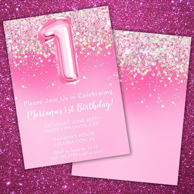 Pink 1st Birthday Invitation Girly Pink Glitter (Creator Uploaded)