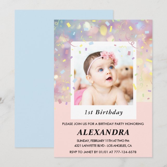 Pink 1st birthday invitations Confetti Photo  (Front/Back)