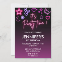 Pink 1st birthday invitations for her Modern Neon