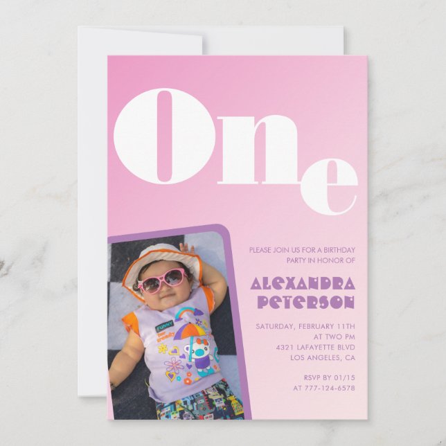 Pink 1st birthday invitations for her Retro Photo (Front)