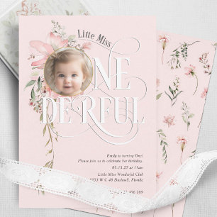 Pink 1st birthday Miss Onederful Wildflower Photo Invitation