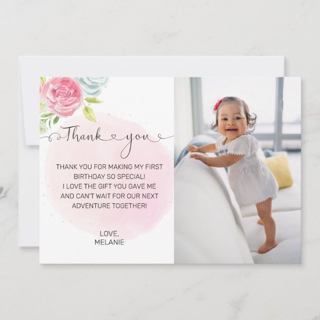 Pink 1st Birthday Photo Thank You Card (Front)