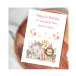 Pink 1st Birthday Safari Leaf Animal Birthday Card<br><div class="desc">This pink watercolour first birthday card is suitable for a single child or twins. The design includes safari leaves,  birthday balloons,  stars,  a giraffe,  an elephant wearing a party hat,  and a lion wearing a party hat. All text is fully customisable.</div>