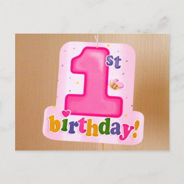 Pink 1st Birthday Tag on Door Postcard (Front)