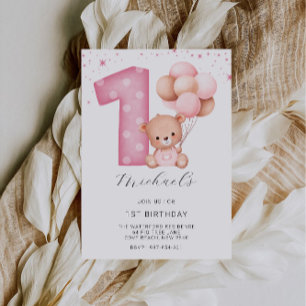 Pink 1st Birthday, Teddy Bear Invitation
