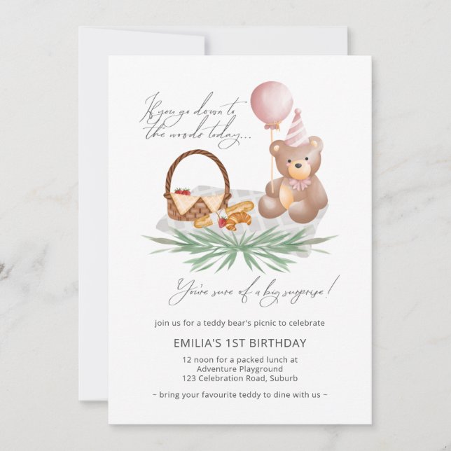 Pink 1st Birthday Teddy Bear Picnic  Invitation (Front)