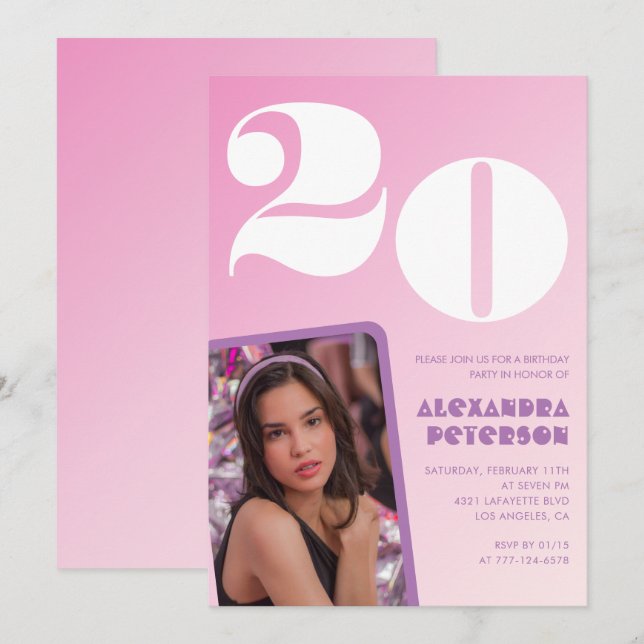 Pink 20th birthday invitation Retro Photo (Front/Back)