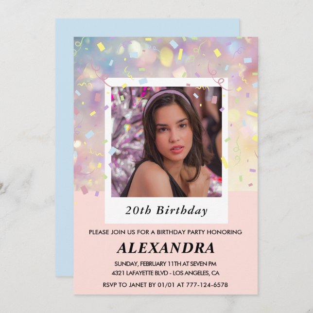 Pink 20th birthday invitations Confetti Photo  (Front/Back)