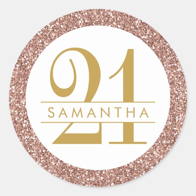Pink 21st Birthday Personalised Rose Gold Glitter Classic Round Sticker (Front)
