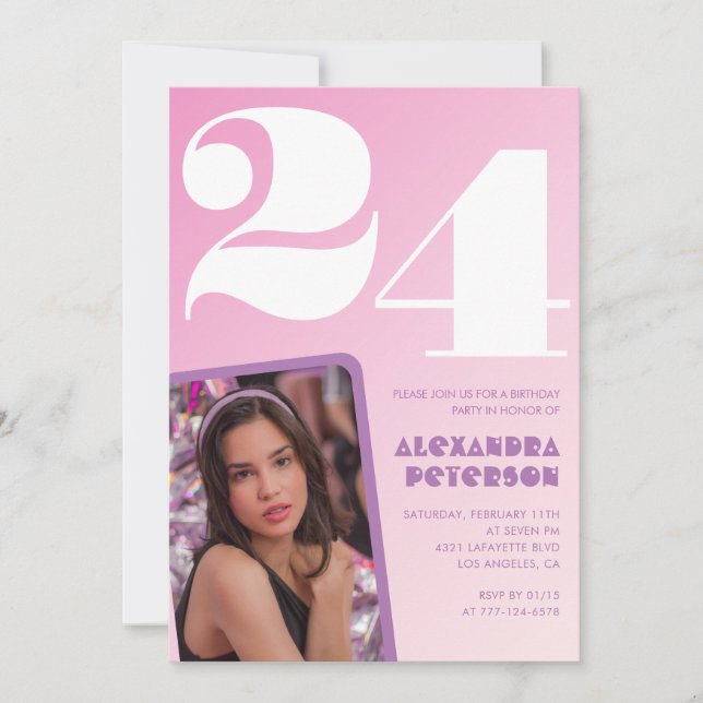 Pink 24th birthday invitations Retro Photo (Front)